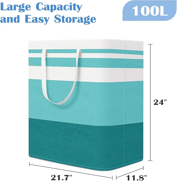 BlissTotes 3-Pack Laundry Basket, Collapsible Laundry Hamper, Green, 100L | Laundry Clothes Hamper, Hampers for Bedroom, Freestanding Hamper with Handles, Clothes Laundry Basket