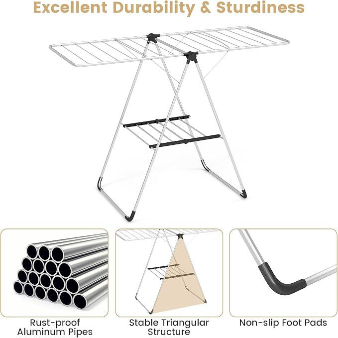 Tangkula 2-Level Collapsible Clothes Drying Rack w/Height-Adjustable Wings | Light-Weight Aluminum | Bottom Shoe Rack | No Assembly | Foldable & Space-Saving| for Laundry Room, Balcony, Patio | Silver