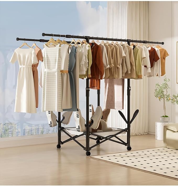 Foldable Collapsible Rolling Clothes Drying Rack,Adjustable Double Rods Laundry Airer(33.1–56.7"),Carbon Steel Pipe Standing Garment Rack for Indoor Outdoor Laundry Room (Black, B)