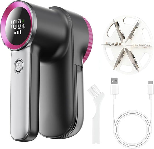 Rechargeable Fabric Shaver & Lint Remover, Electric Sweater Defuzzer with 3 Speeds, 6 Leaf Blades, LED Display & Type-C Fast Charging, Lint Shaver for Clothes, Furniture, Sweater, Couch