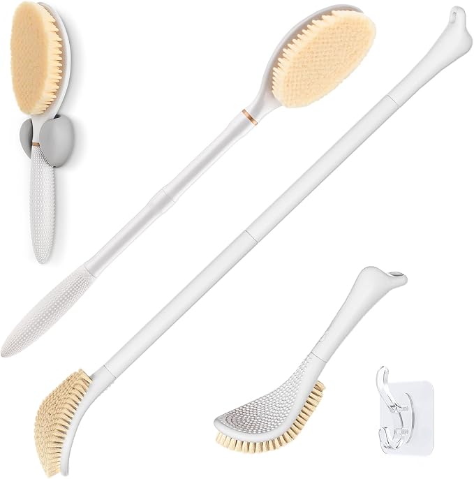 Foot Brush & Back Scrubber Set, 27.5'' Adjustable Foot Scrubber for Shower, 18.9'' Shower Back Scrubber with 3-Length Usage, Great Aid for People with Limited Mobility(White Set)