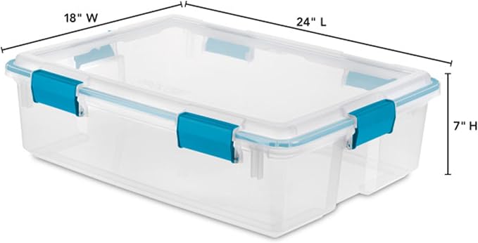 Sterilite Gasket Storage Box with Lids for Home & Office, 37 Quart, 4-Pack | Heavy-Duty, Stackable, and Organizing Containers for Bathroom, Cabinet, Closet, and Garage, Clear and Blue Aquarium Latches