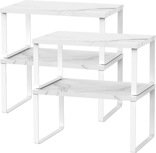 CADUKE Counter Shelf Set of 4 Kitchen Cabinet Shelf Organizer Stackable Expandable Countertop Shelf Organizer Spice Rack for Bathroom Pantry Racks,Metal and Engineered Wood, Marble White