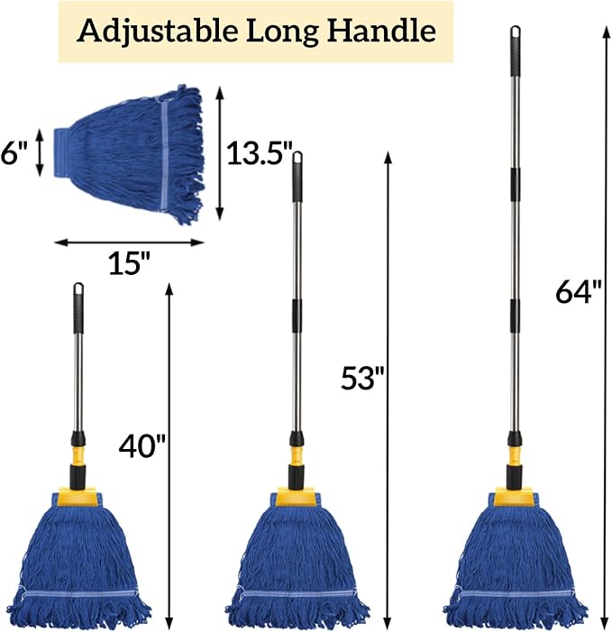 ZAVOOS Commercial Mop, Heavy Duty Looped End String Wet Mop with 64'' Long Handle, Industrial Cotton Dust Mop with Extra Replacement Heads for Home, Office, Garage, Warehouse Floor Cleaning
