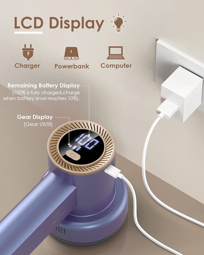 HOMEASY Fabric Shaver, Rechargeable Lint Remover for Clothes Purple | Electric sweater shaver and depiller with 70mm head, 6-leaf blades, LED battery display and Type-C charging for Furniture