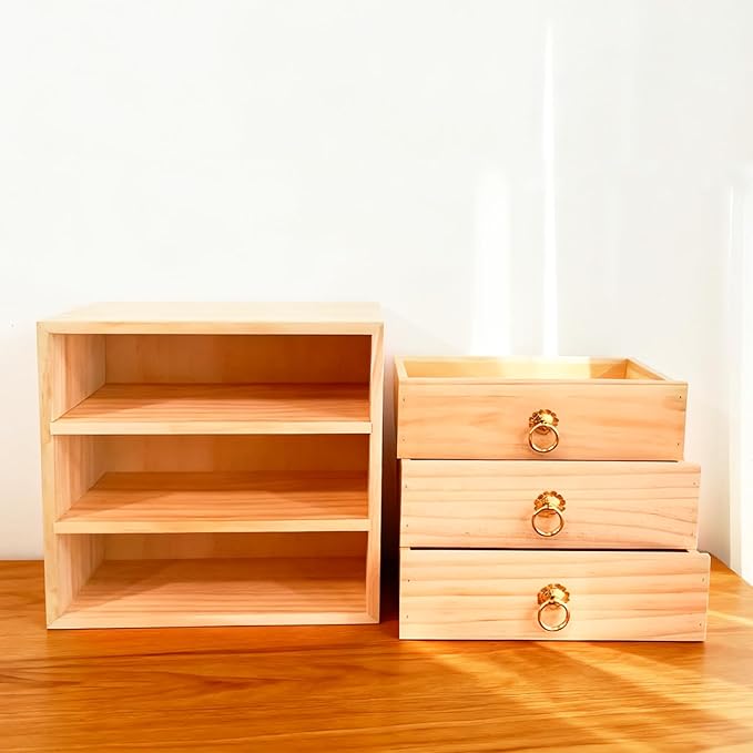 3 Layer Natural Wooden Storage Box Organizer Desk Accessories | Efficient Office Storage Drawers Cabinet Organizer Box Tabletop Organizer with Metal Handle for Home Office Counter Kitchen