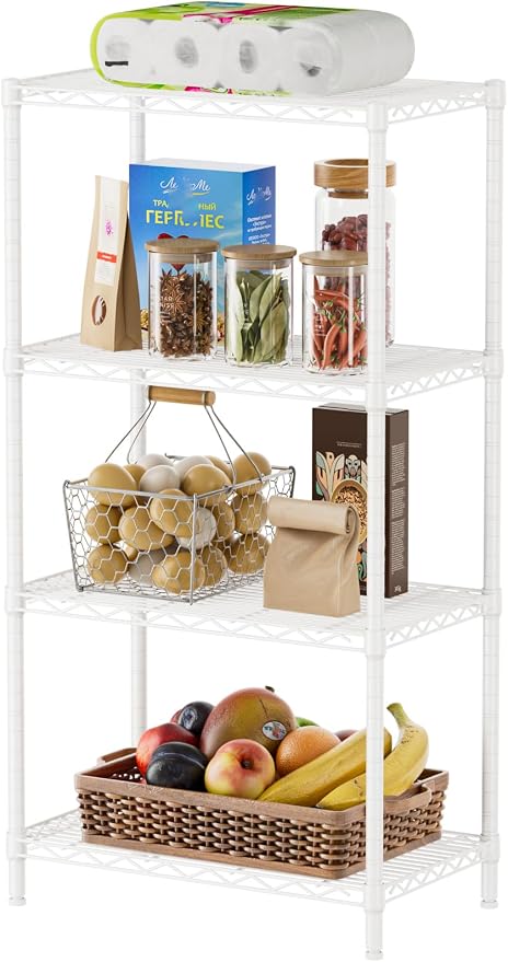 SINGAYE 4 Metal Shelves Wire Shelving Storage Shelf Adjustable Unit Pantry | 4 Tier Kitchen Laundry Room Organization Home Pantry Closet Bathroom Organizers Garage Rack 14" D x 24" W x 48" H White
