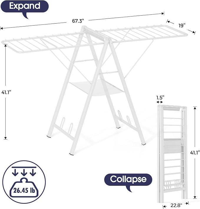 APEXCHASER Clothes Drying Rack, 67.7" L Height Adjustable, Foldable, White | 1.5"Folded, No Assembly, Space-Saving, Spacious Design, Adjustable Wings, Clips, Mesh Shelf, Shoe Rack, Indoor & Outdoor Use