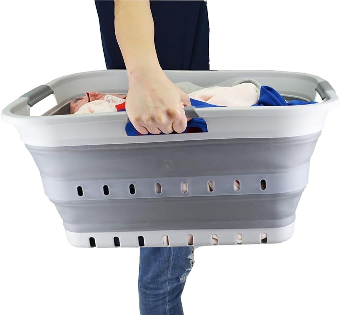 SAMMART 42 (11 Gallons) Collapsible Plastic Laundry Basket, Foldable Pop Up Storage Container/Organizer, Space Saving Hamper, Portable Bin for Dorm Room Bathroom (1, Grey)