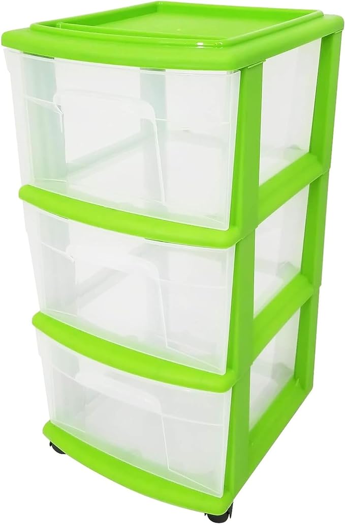 Homz 3 Drawer Plastic Storage and Organizer Cart, Rolling Cabinet for Home, Office, Classroom, Craft, Art Supplies, Bold Lime Frame with Clear Drawers