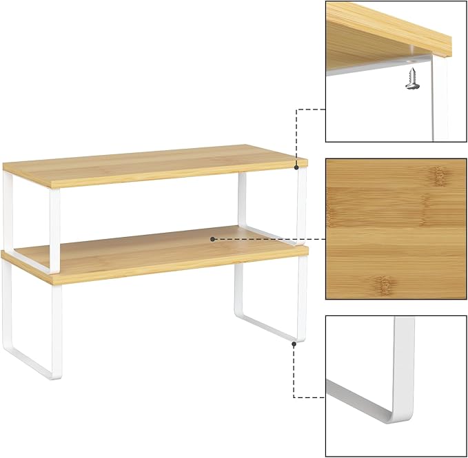 NEX Kitchen Cabinet and Counter Shelf Organizer, Stackable & Expandable, Set of 4, White and Natural - 7.7 x 15.6 x 6.2'' | Stackable Expandable Spice Rack, Pantry Organizers Space-Saving, Bathroom Countertop Storage, White and Natural