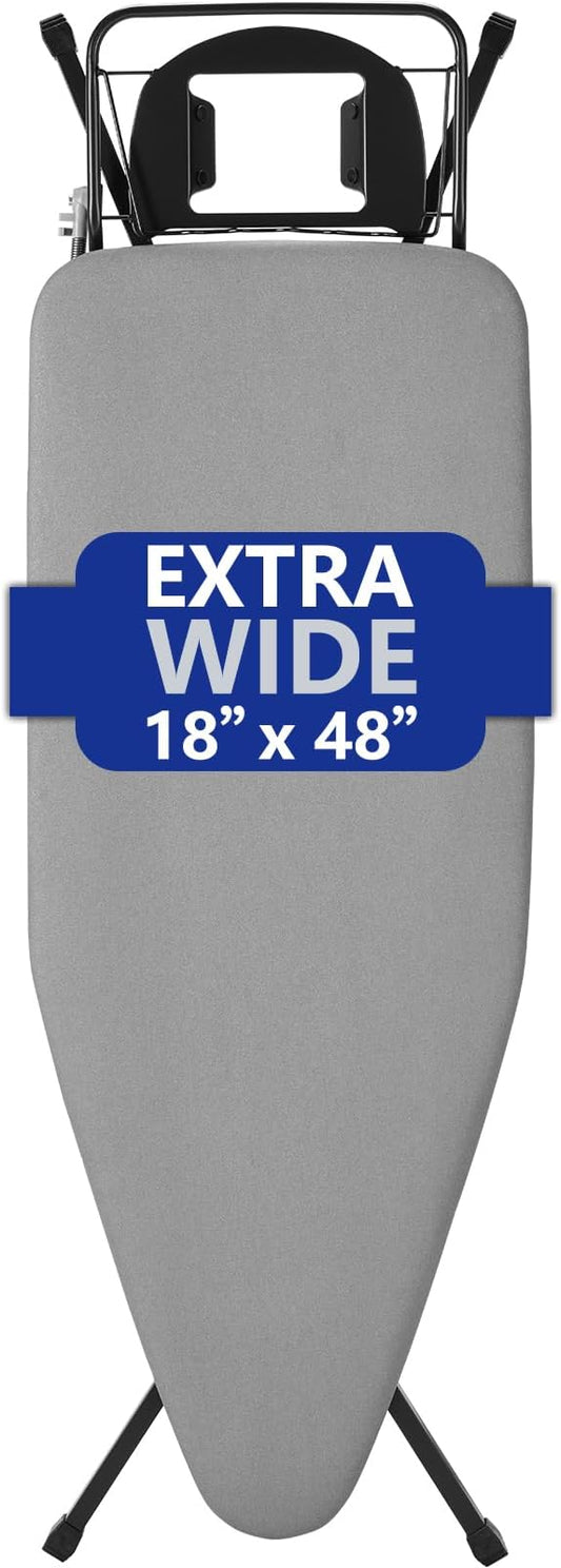 BKTD Extra-Wide Ironing Board – 48"×18" Large Surface (57" w/Iron Rest) • Built-in Clothes Rack, Hanger & Cord Holder • Heat-Resistant Cover • Heavy-Duty, No Wobble • Adjustable Height • Black Grey.