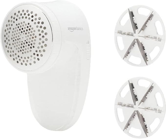 Amazon Basics Battery Operated Fabric Shaver for Clothes, Remove Pilling, Lint and Fuzz Removal, 6-Leaf Blades with Safety Lock, Portable, Includes 2 Spare Blades, White