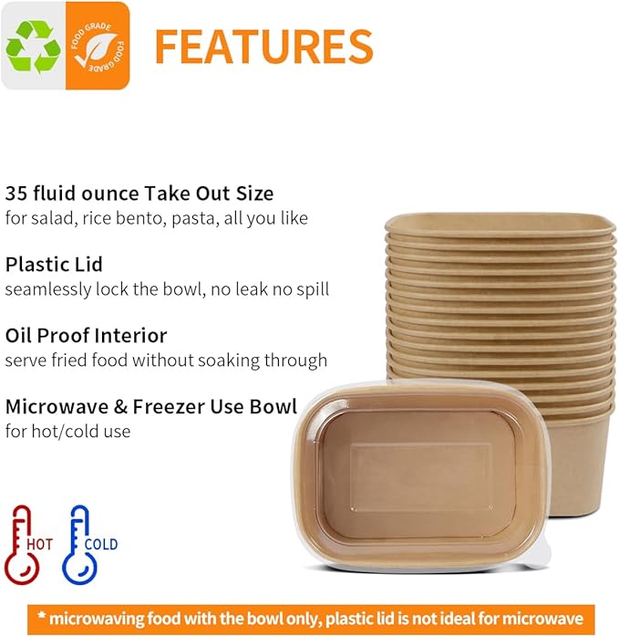Celel 35 oz Paper Food Containers with Lids 50 Pack Meal Prep Containers | Disposable To Go Food Containers, Soak Proof, Microwavable and Freezer Friendly for Hot/Cold Use, 50 Bowls 50 Lids