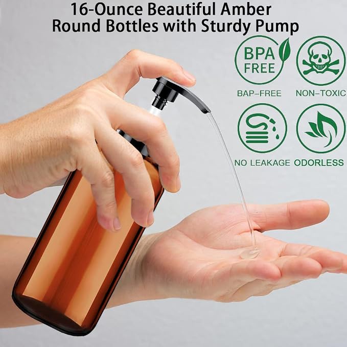 Soap Dispenser with Rust Proof Pump, Waterproof Labels (2 Pack,16 Oz) Bathroom, Plastic Hand Dish Soap Dispenser for Kitchen, Premium Thick Soap Pump Bottles (Amber)
