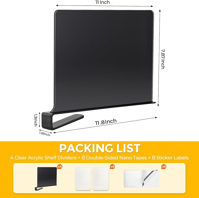 Matte Black Acrylic Shelf Dividers for Closets Organizer & Storage,2 Pack | Adjustable Vertical Wood Shelf Closet Separators, Keep Clean, for Clothes,Book,Bags, in Bedroom and Kitchen