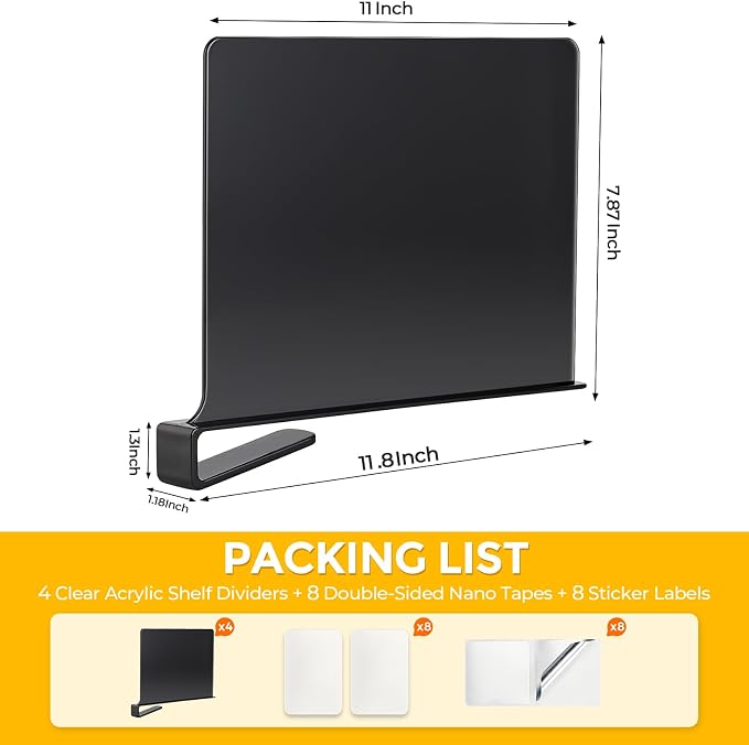 Matte Black Acrylic Shelf Dividers for Closets Organizer & Storage,12 Pack | Adjustable Vertical Wood Shelf Closet Separators, Keep Clean, for Clothes,Book,Bags, in Bedroom and Kitchen