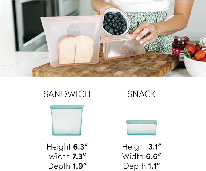 Zip Top Reusable Food Storage Bags | 3 Bag Set [Teal] | Silicone Meal Prep Container | Microwave, Dishwasher and Freezer Safe | Made in the USA