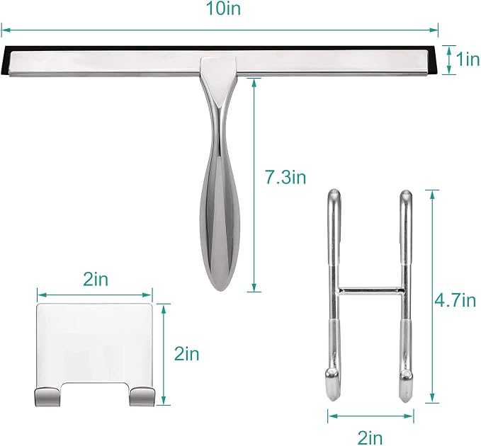 Shower Squeegee for Glass Doors,10-Inch Shower Glass Squeegee, Sliver Shower Squeegee for Shower Doors,Mirror,Windows, with Shower Door Hook and Adhesive Hook