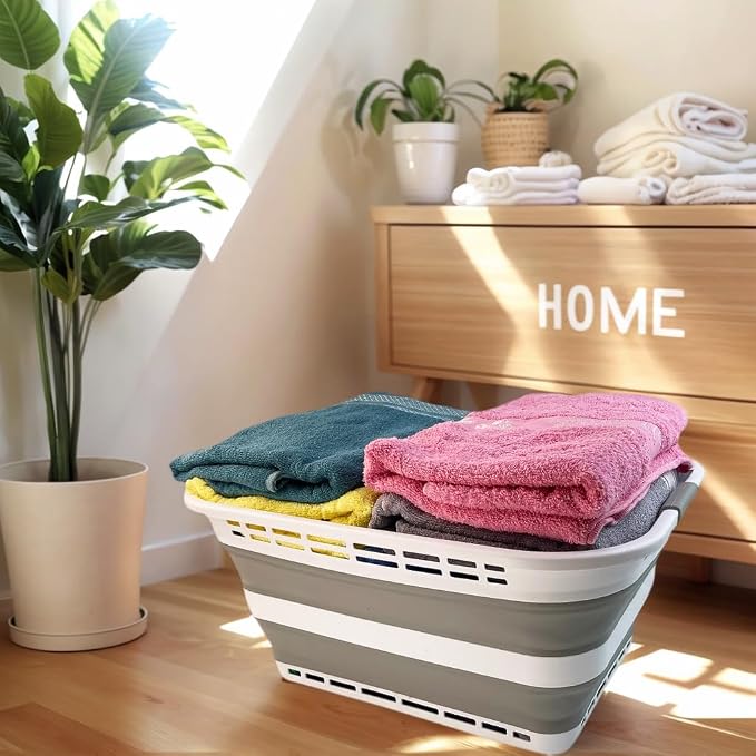 SAMMART 42L (11 Galloons) Collapsible Plastic Laundry Basket - Foldable Pop Up Storage Container/Organizer - Portable Washing Tub - Space Saving Hamper/Basket [BPA Free] (White/Grey (Set of 2))