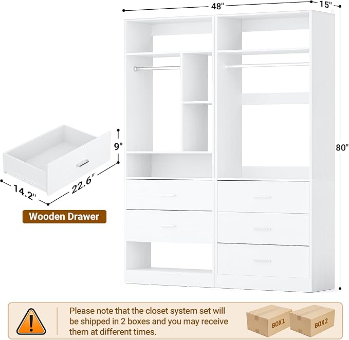 Besiost 4FT Closet Systems with 5 Wood Drawers, 48 Inch Closet Organizer System with 2 Hanging Rods & 7 Shelves, Heavy Duty 48" Walk-in Closet , White (48"L x 15" W x 80" H)