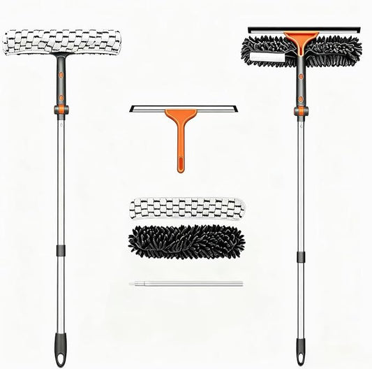 Chabatree 2-in-1 Window Squeegee Cleaner Set with 62" Extendable Pole, Window Cleaning Kit with Bendable Head for Indoor & Outdoor Glass, Professional High Window Cleaning Tool for Car & Home(Kit1.0