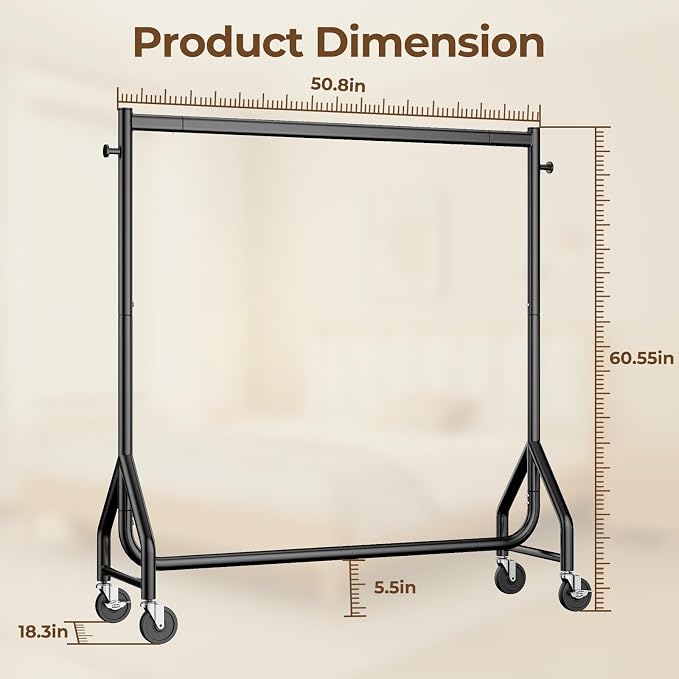 HYSEYY Clothes Clothing Rack, Rolling Heavy Duty Clothes Rack Load 420 LBS With Wheels, Metal Clothes Rack for Hanging Clothes, Portable Standing Clothes Garment Rack, Black,48 inches