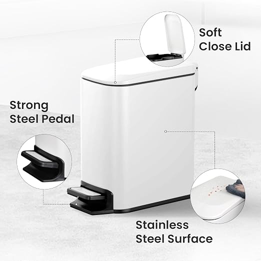 Cesun Small Bathroom Trash Can with Lid Soft Close, Step Pedal, 6 Liter / 1.6 Gallon Stainless Steel Slim Garbage Can for Bedroom, Diaper Waste Basket with Removable Inner Bucket (White)