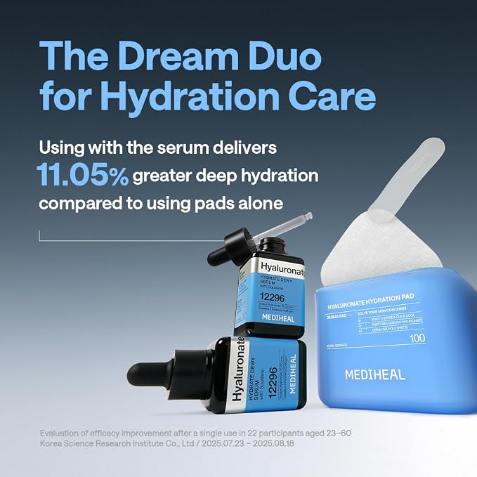 MEDIHEAL Hyaluronate Hydration Toner Pads for Hydration (100 Count) | with 9 Types Hyaluronic Acid | Moisturization, Plumping, Moisture Barrier | Plastic-Free Vegan Pads | Korean Derma Toner Pads