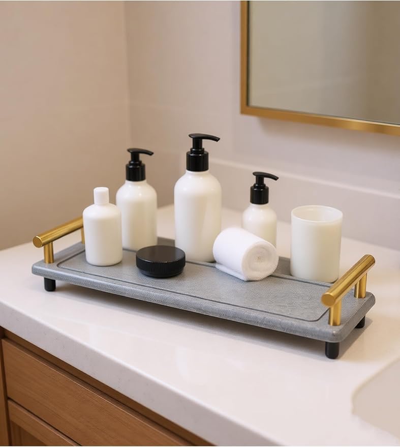 Instant Dry Sink Caddy Organizer,Diatomaceous Earth Bathroom Organizer with Handle Water Absorbing Stone Tray for Sink diatomaceous Tray for Home Bathroom Kitchen (L Gray Gold Handle)
