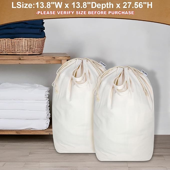 Canvas Laundry Bags with Handles & Square Base 13.8"Wx13.8"Dx27.6"H, 2 Pack | Large Heavy Duty Laundry Hamper Bag, Washable Drawstring Dirty Clothes Sack for College Dorm, Home Storage, Beige