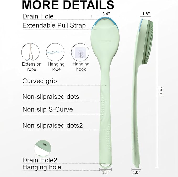 Extendable Silicone Back Scrubber-17-32,Dense Bristles-4X Power | 2-Hand Grip for 4X power. Food-grade silicone, BPA-free. 30D curved dense bristles for rich lather & exfoliation. Quick-dry.
