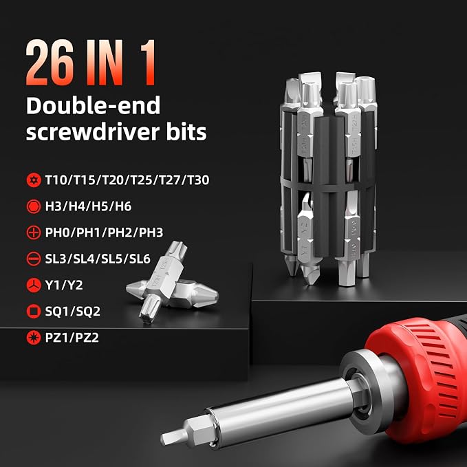 Multi ScrewDriver Set 26 in 1 All in One Adjustable Screw Driver | Telescoping Screw Driver with 12 Double Ended CRV Bits Phillips Slotted Torx Hex Portable Repair Kit for Home Bike Computer