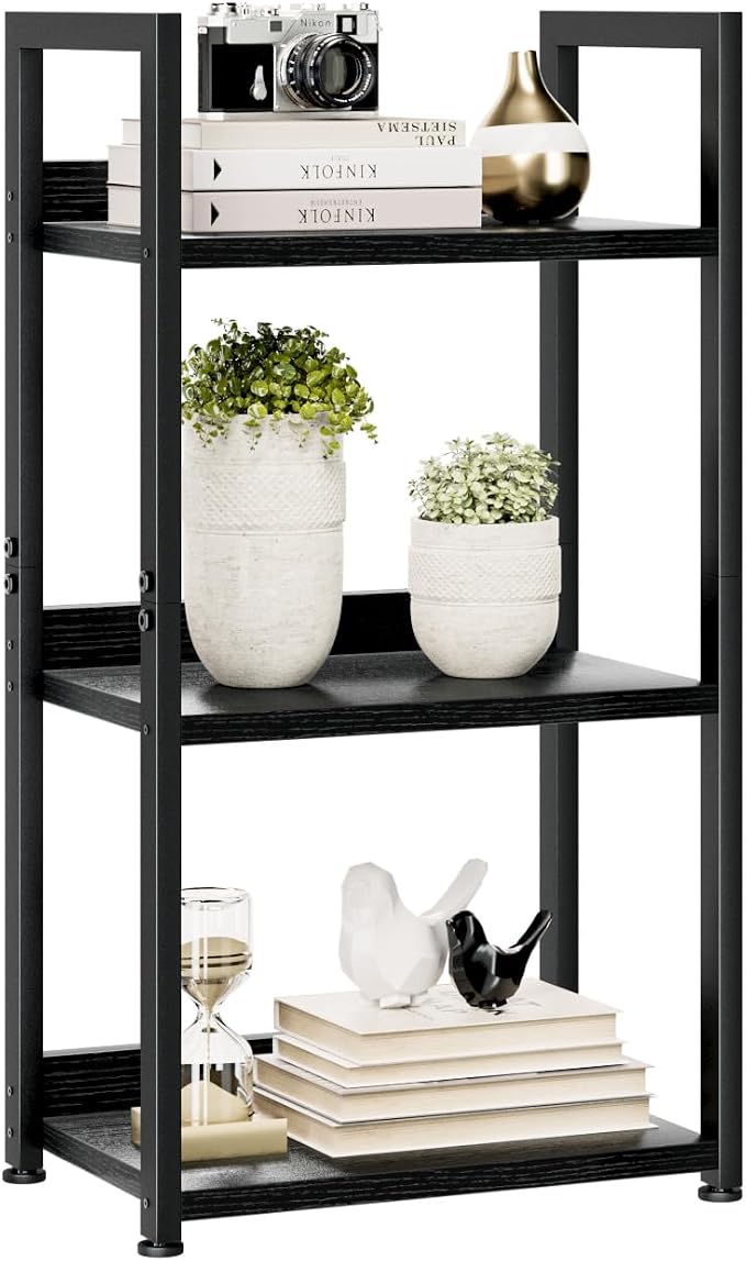 NUMENN Narrow Bookshelf, 3 Tier Freestanding Shelving Unit, Black | Small Book Shelf for Small Spaces, Metal Frame & Wood Shelves, Falling Prevention Baffle, Bookcase for Bedroom&Home Office