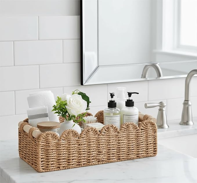 CubesLand Bathroom Basket Organizer, Toilet Tank Paper Storage Baskets 2PK | Scalloped Decorative Basket for Countertop w/Handle, Wicker Basket for Bathroom Decor, Home Decor, Living Room, Neutral
