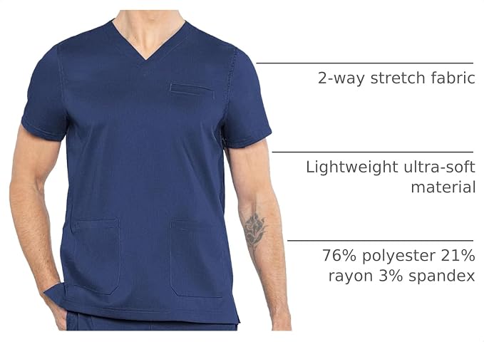 Med Couture Rothwear Touch Mens Scrubs Top 3 Pockets Modern Fit | 2-Way Stretch, Ultra-Soft Fabric, Lightweight Feel, Knit Details, Side Vents, Durable Construction, Easy Care