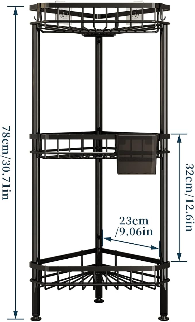 Consumest Corner Shower Caddy Stand - Rustproof Bathroom Organizer&Storage | 3 Tier Shower Shelves for Inside Shower, Stainless Steel Corner Shelf with Soap Holder, 4 Hooks, Brush Holder, Black
