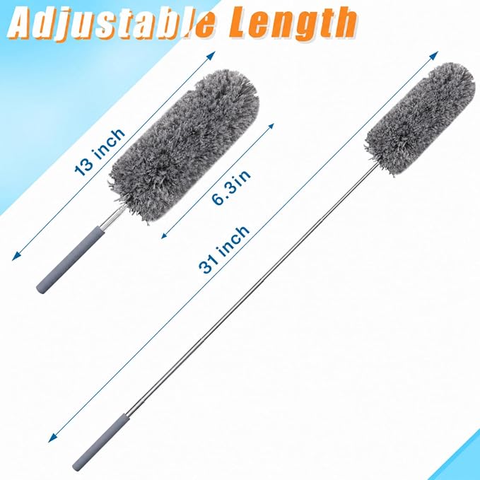Tanlade 1 Pcs Microfiber Feather Duster for Cleaning, Extendable 13-31 Inch Ceiling Fan Duster with Bendable Head, Washable Tools for Ceiling Fans, Furniture, Car, Cobwebs (Gray)