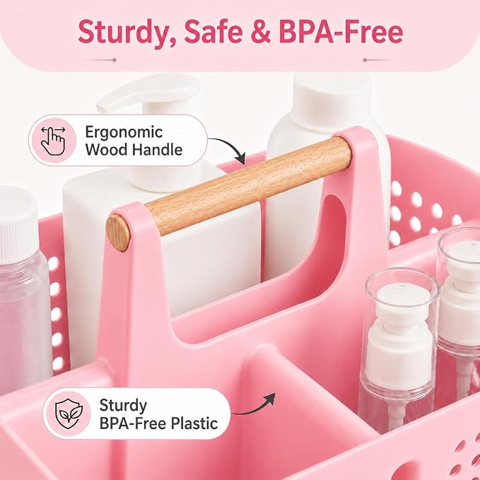 Portable Shower Caddy Basket with Wood Handle, 3-Compartment Bathroom Organizer Tote with Drain Holes, Plastic Shower Basket for Dorm, Toiletries, Cleaning Supplies, Candy Pink
