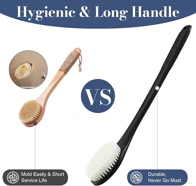 Back Scrubber for Shower, Shower Body Brush for Cleaning with Long Handle for Showering, 17 Inch Back Washer Exfoliator for Shower Men Women with Non-Slip Handle, Adhesive Hook (Black)