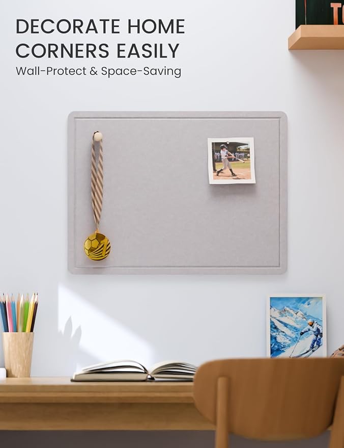 Fluxynara 23.6" x 17.1" Bulletin Board, Soft Gray | Cork Board Alternative with 12 Removable Adhesive Tabs, Foldable Felt Pin Board for Home, Office, Classroom & Dorm