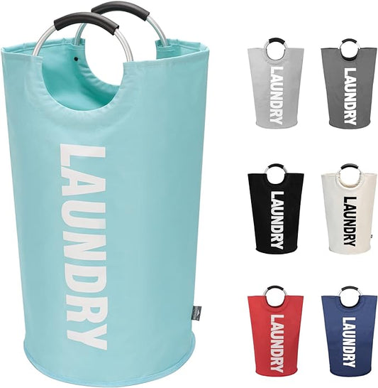DOKEHOM 90L Large Laundry Basket Bag, Collapsible Tall Hamper, Light Blue | Freestanding tall washing bin & foldable laundry bag. High-capacity clothes storage basket with durable sturdy handles