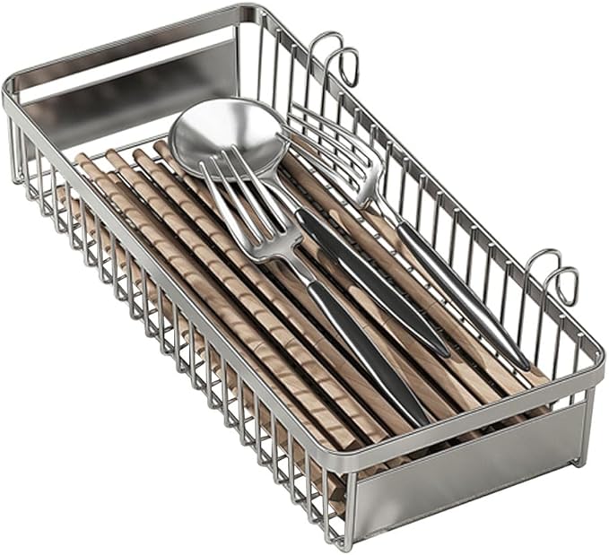 Sturdy 304 Stainless Steel Utensil Drying Rack Basket, Utensil Drying Rack, Basket Holder with Hooks, Rust Proof, No Drilling