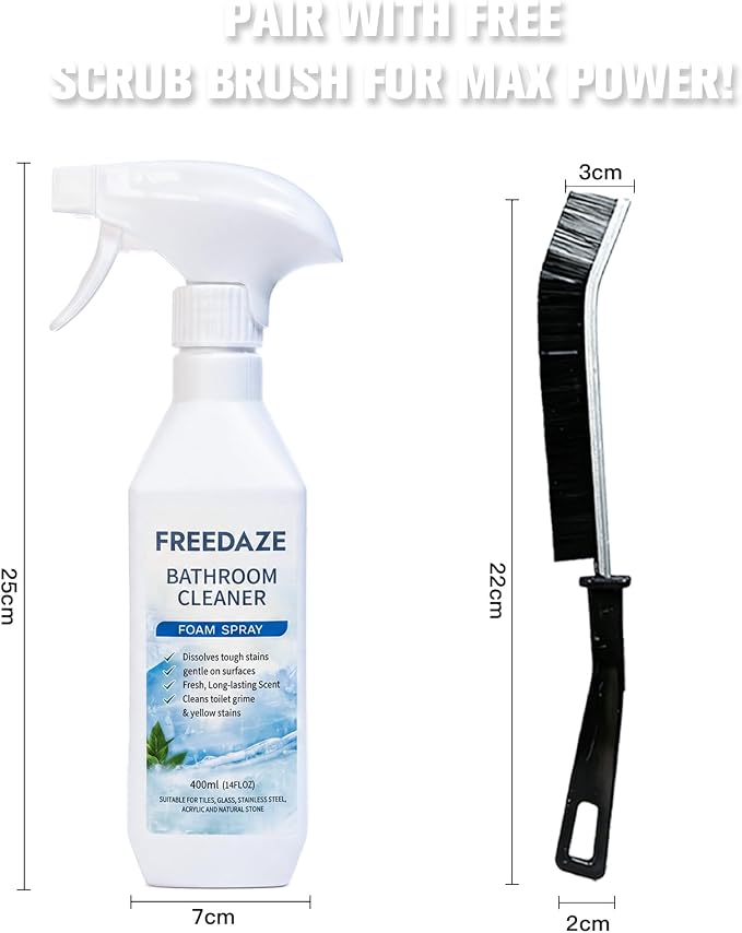 Bathroom Cleaner Foam Spray (400ml) - Spray, Wait & Scrub for Hard Water Stains, Rust & Soap Scum | Free Cleaning Brush Included (2 PACK)