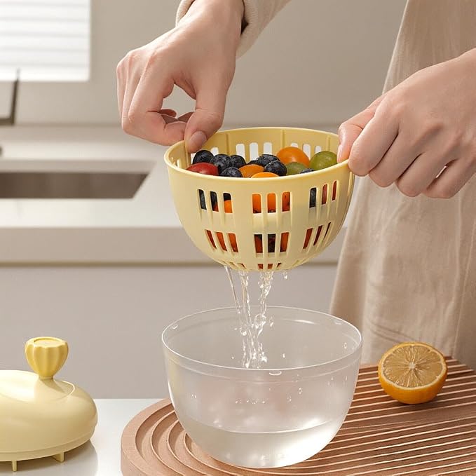 Fruit Washing Bowl with Strainer,Colander for Kitchen,Multi-Functional Vegetable and Food Drainer with Lid And Handle,Portable Fruit Containers for Fridge,BPA Free,Ivory White