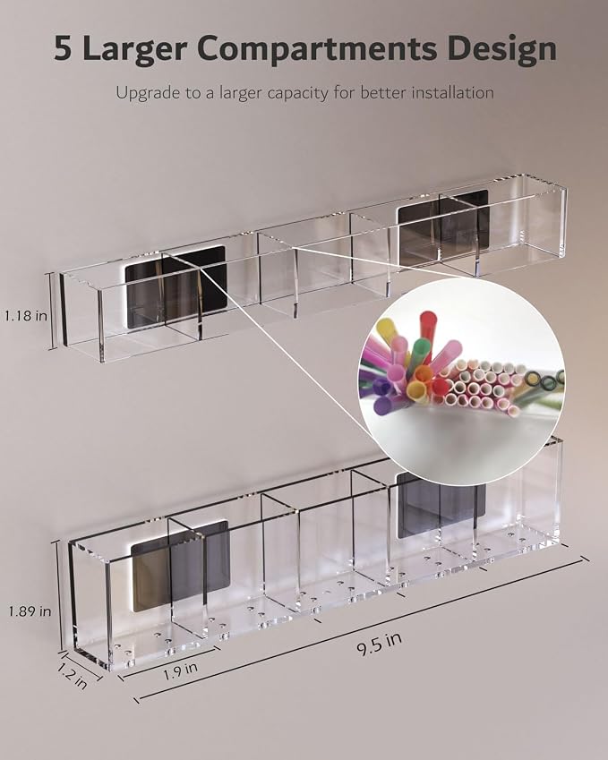 Magnetic Acrylic Straw Holder for Fridge - 5 Slot Sturdy Kitchen Organizer, Adhesive-Free Refrigerator Storage for Metal, Glass, Silicone Straws & Utensils (Separate unit Clear-Magnetic Type-5C)