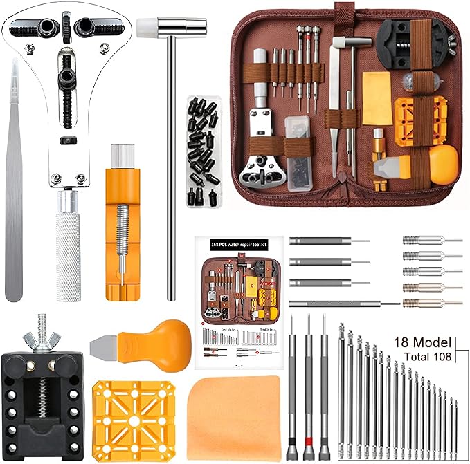 Kingsdun Watch Battery Replacement Tool Kit, 168Pcs Watches Repair Band Strap Link Pins Remover Adjustment Repairing Tools Sets with Carrying Case & Manual