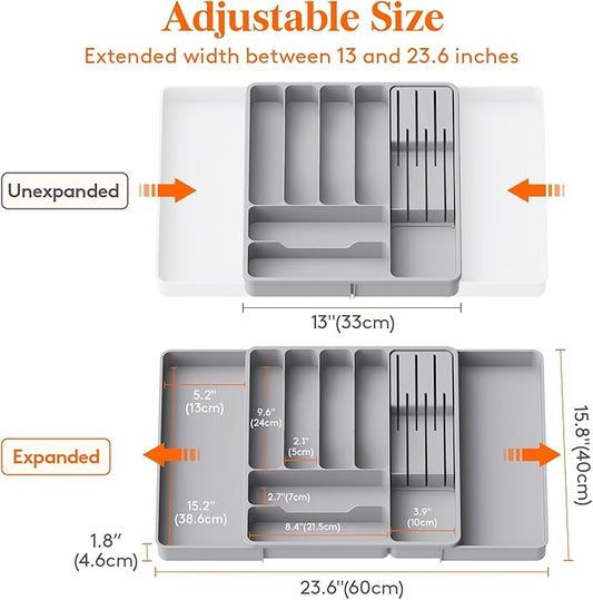 Lifewit Silverware Organizer for Kitchen Drawers, Expandable Utensil Tray with Removable Knife Block, Adjustable Cutlery and Flatware Holder, Plastic Spoon Forks Holder Storage Divider, Gray