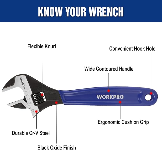 WORKPRO 2-Piece Adjustable Wrench Set, 6-Inch & 10-Inch Wide Jaw Wrenches | Black Oxide Wrench, Cr-V Steel, Metric & SAE Scales, Max Jaw Opening 15/16" & 1-5/16", for Home Repair, Plumbing, Garage Work
