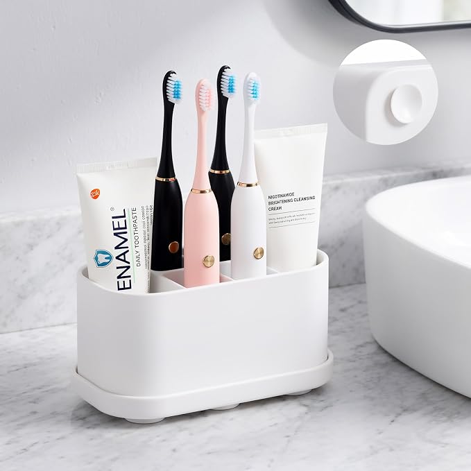 Luxspire Toothbrush Holders for Bathrooms, Silicone, 5 Slots, White | Toothbrush Organizer with Suction Cup Tray, Toothbrush Holder with Drainage for Bathroom Countertop